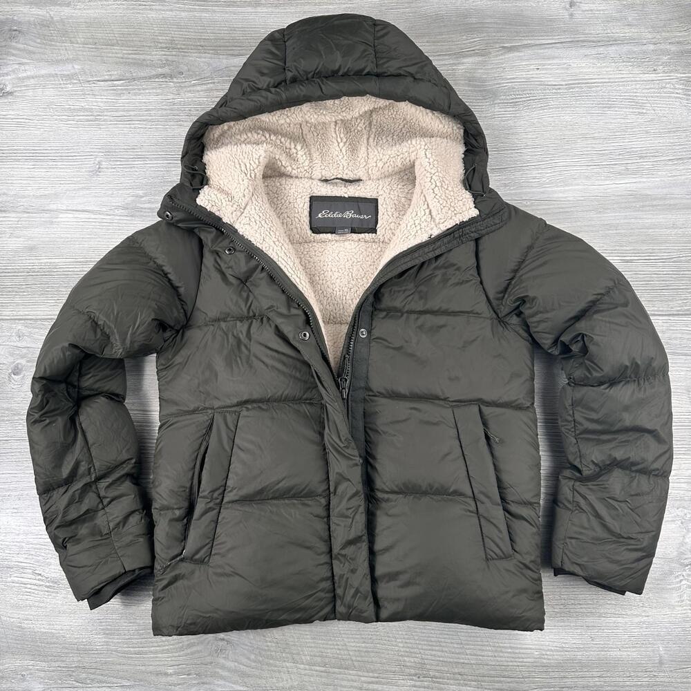 Eddie Bauer Down Puffer Jacket Womens XS Olive Green Sherpa Hooded EB650 EUC